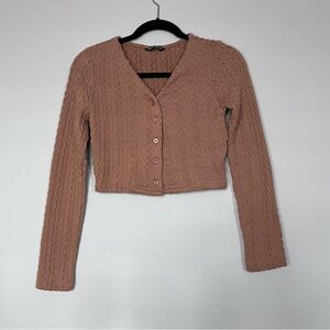 SHEIN Tan Cable Knit Cropped Cardigan Button Front V-Neckline Long Sleeved XS